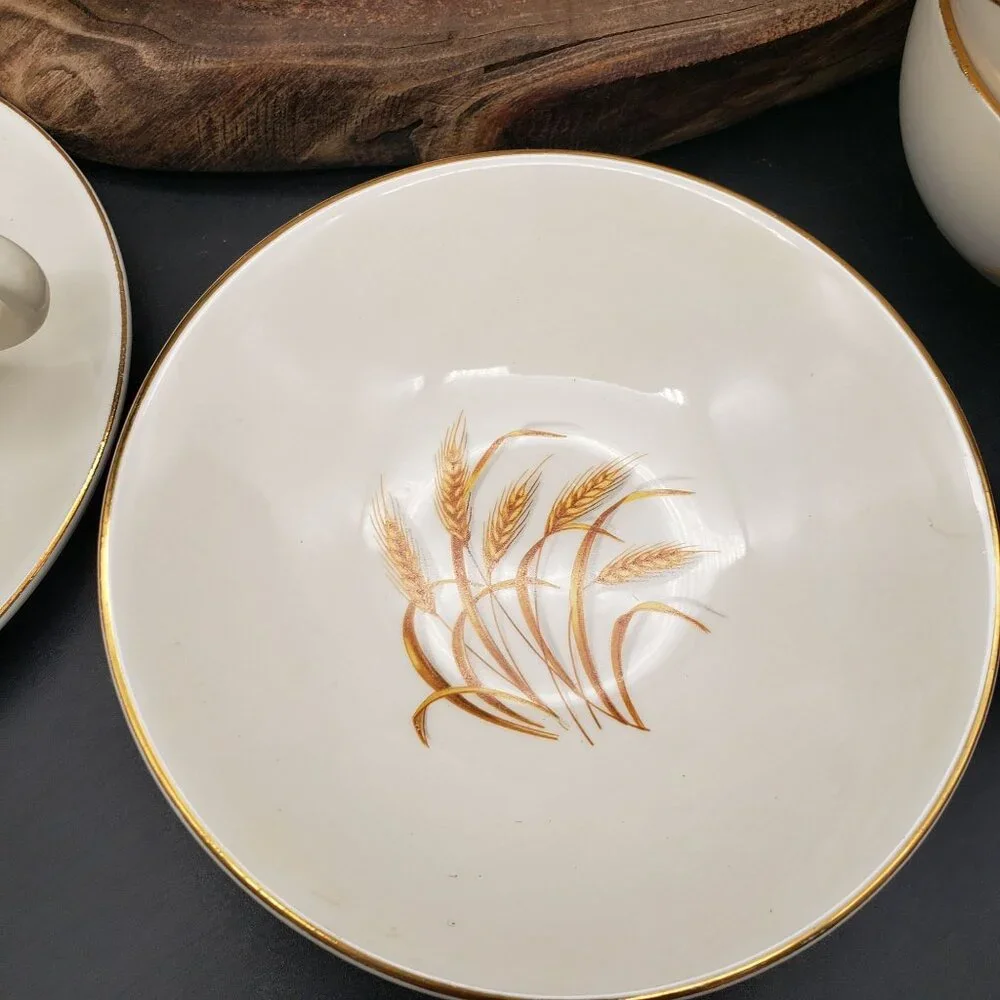 Golden Wheat 22K Gold Oven Proof Cup & Saucer Set 6 + Berry Bowl Made USA - Picture 3 of 12